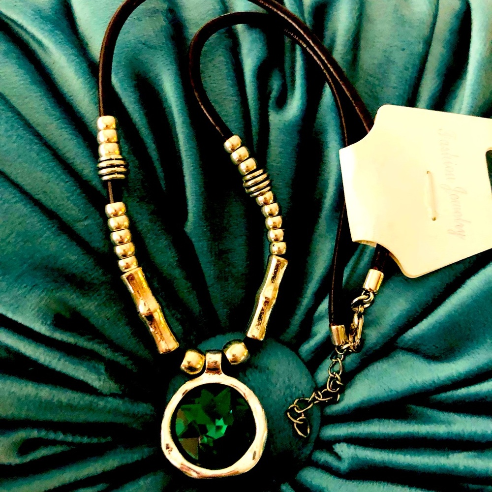 Green and Silver vintage pendant wish black leather necklace